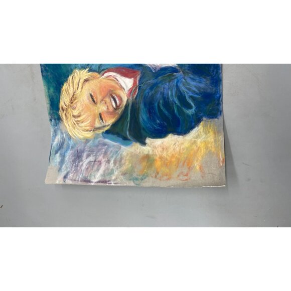 Original Pastel Art Of A Child Holding A Fish laughter blue 12x17.5" READ - Picture 4 of 5